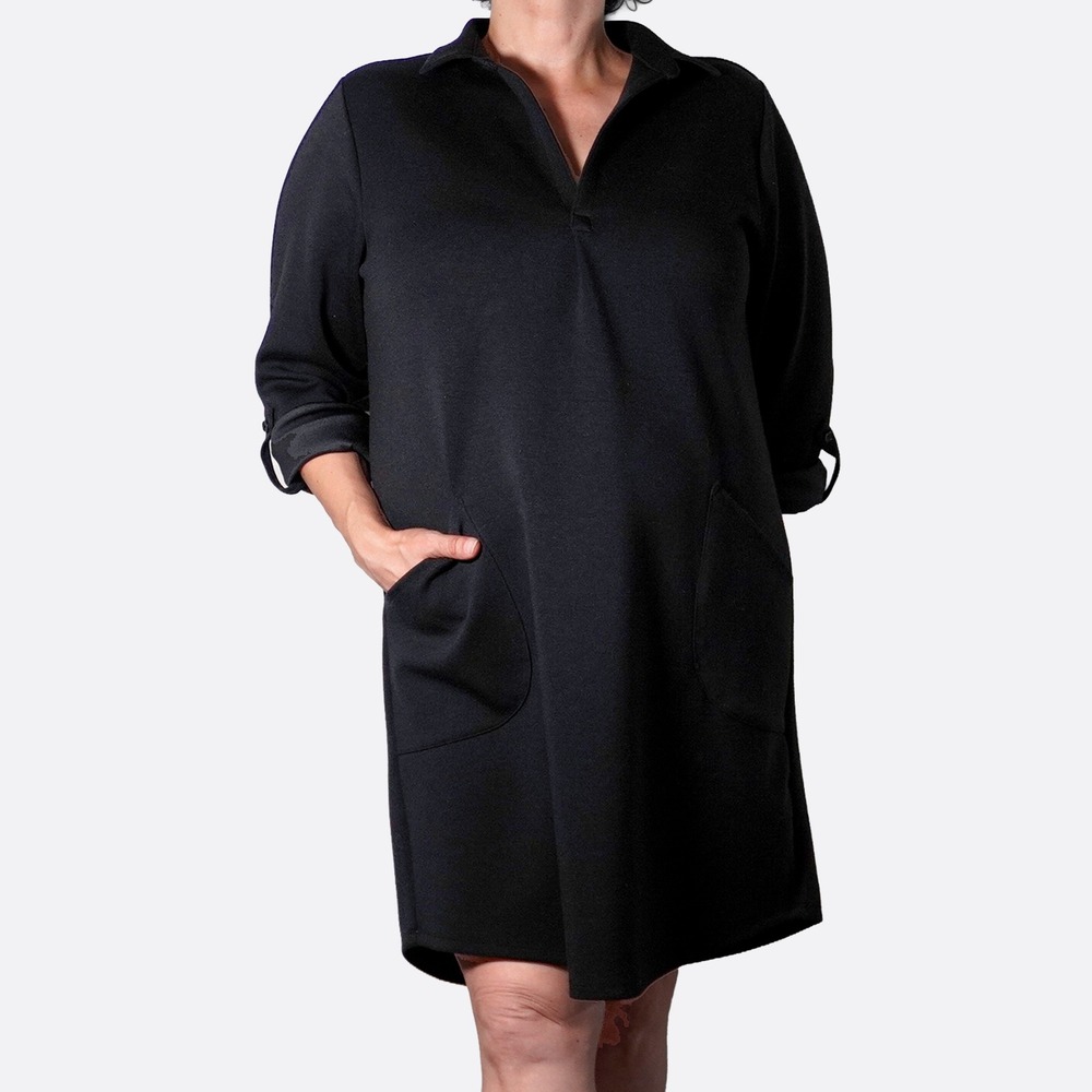 For Cynthia Scuba Polo Shift Dress Black Plus 1X XL Roll Tab Sleeve Minimalist‎